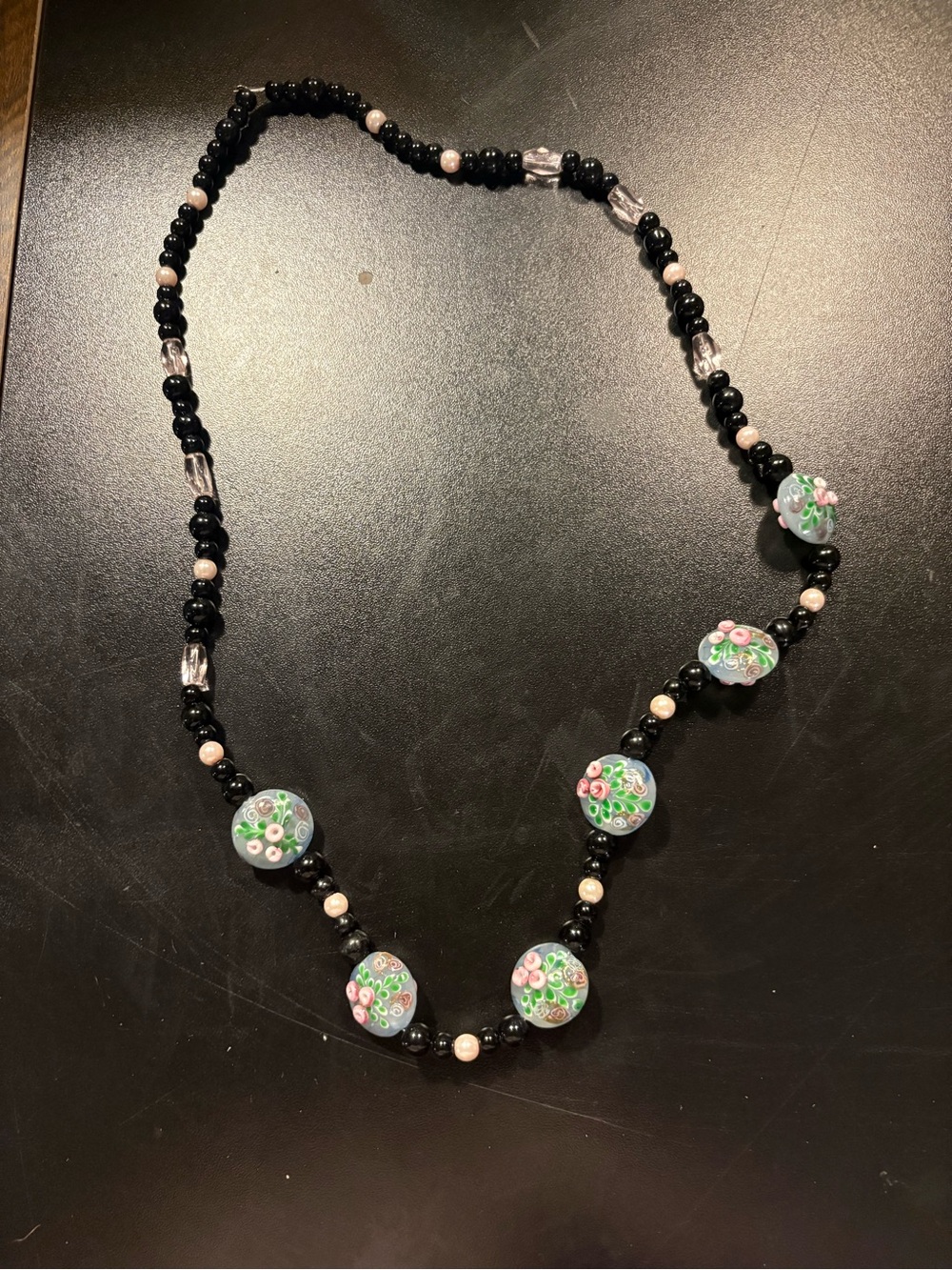 Black beaded necklace with glass beads